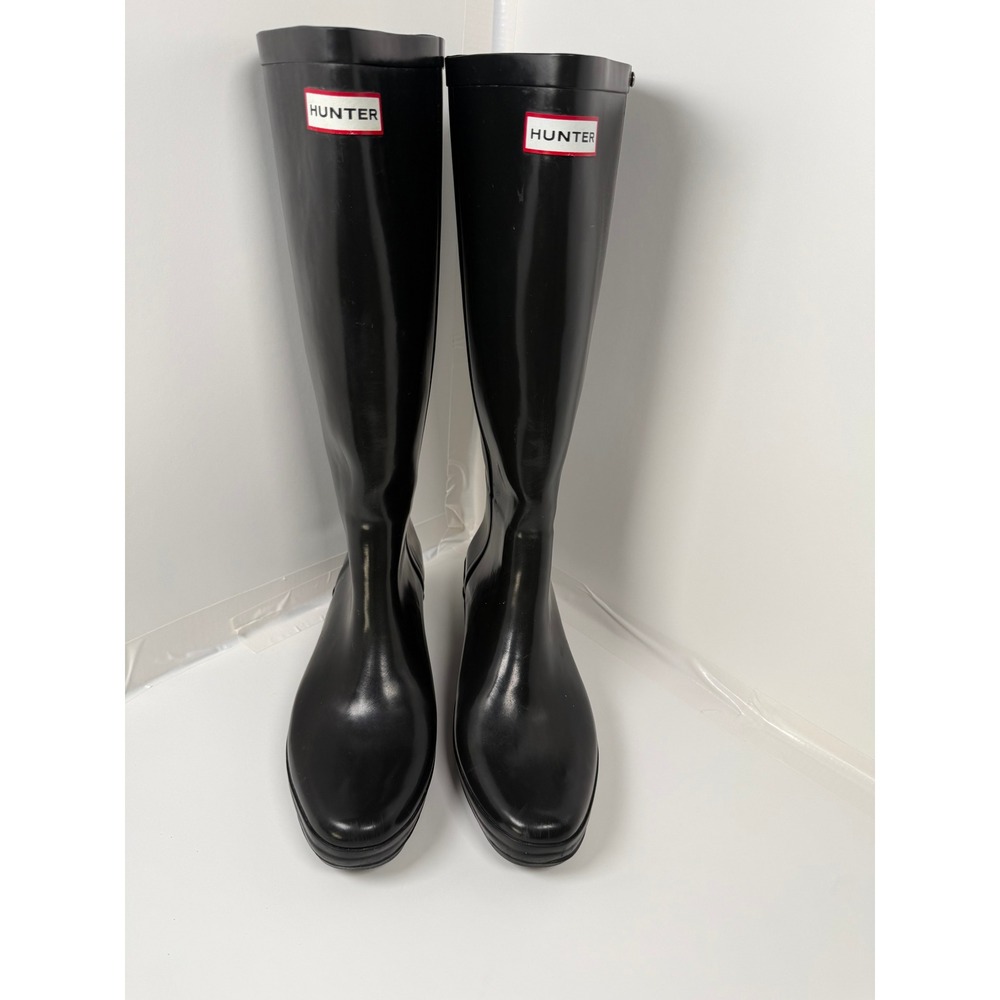 Hunter Rain Boots Womens 10 Black Arolla W24044 Glossy Wedge Tall Waterproof
